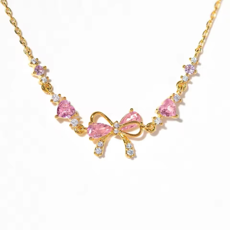 Pink Zircon Bow Knot Love Heart Chain Bracelet