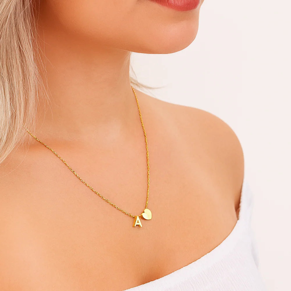 18k Real Gold Plated Heart Initial Necklace