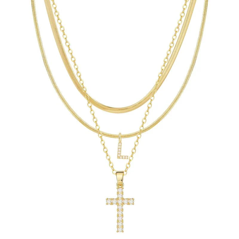 3pc 14k Diamond Accented Initial & Cross Necklace Set