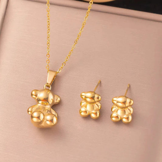 3D Cute Bear Earrings and Necklace Set