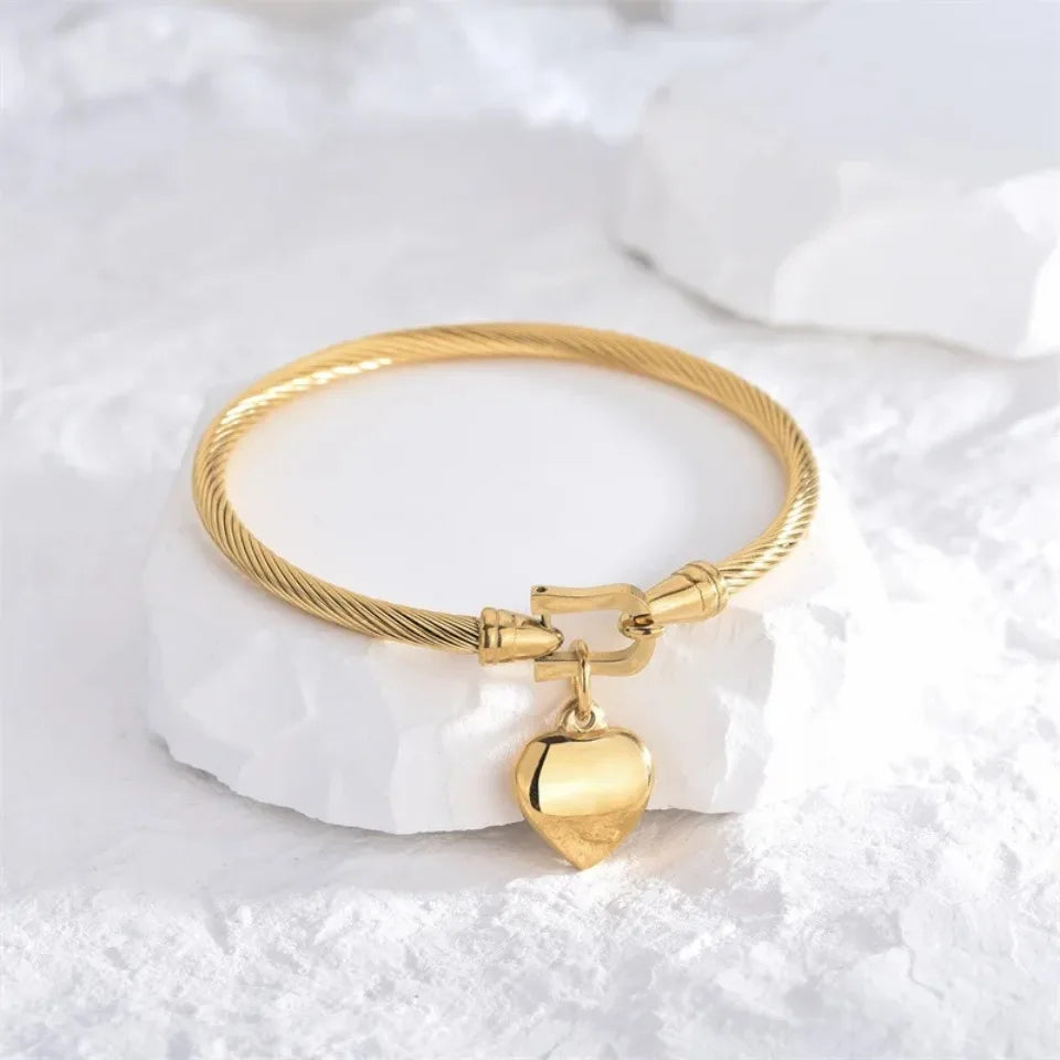 Gold Heart Pendant Charm Bangle Bracelet