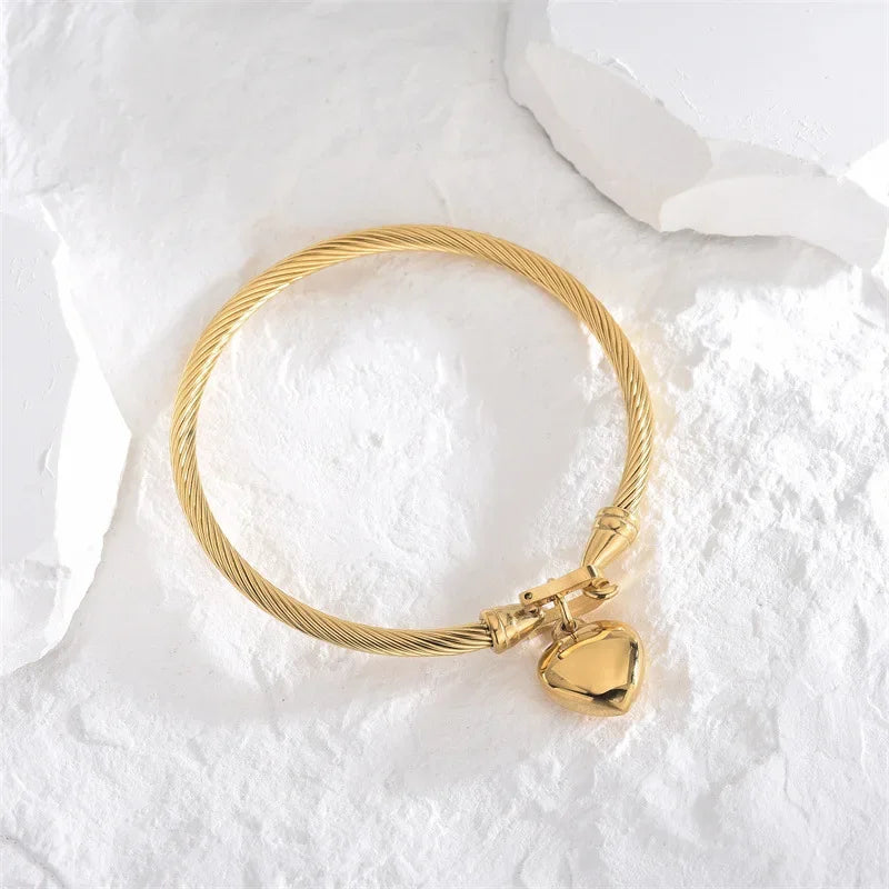 Gold Heart Pendant Charm Bangle Bracelet